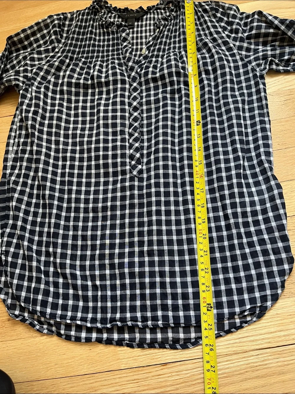 J. Crew Navy and White Gingham 100% Cotton Ruffle Neck Blouse Size 00 Preppy
